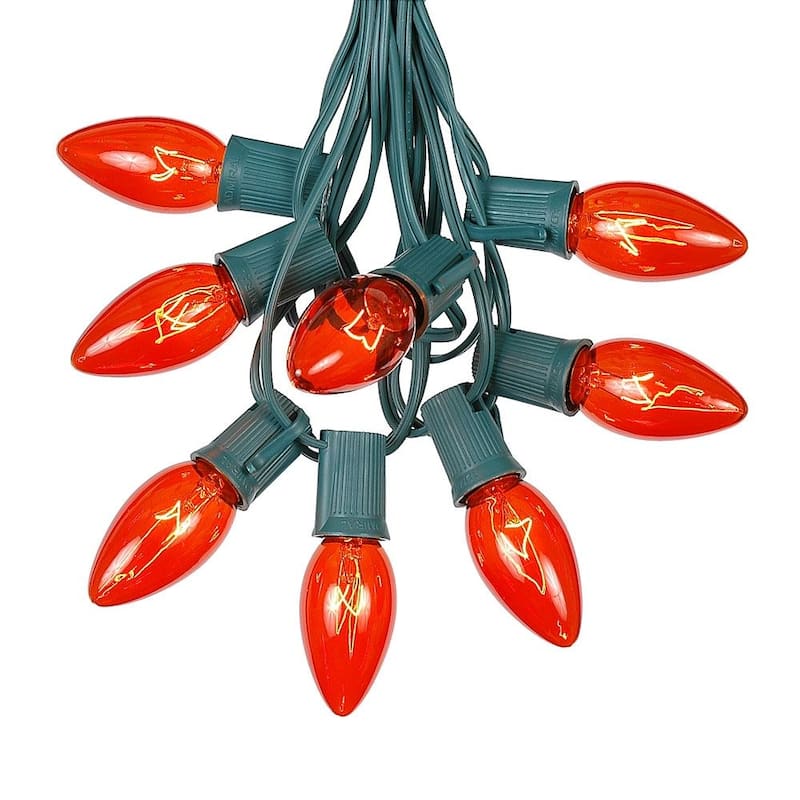 100 Foot C9 Christmas Light Set, Hanging Patio String Lights, Green Wire - Orange
