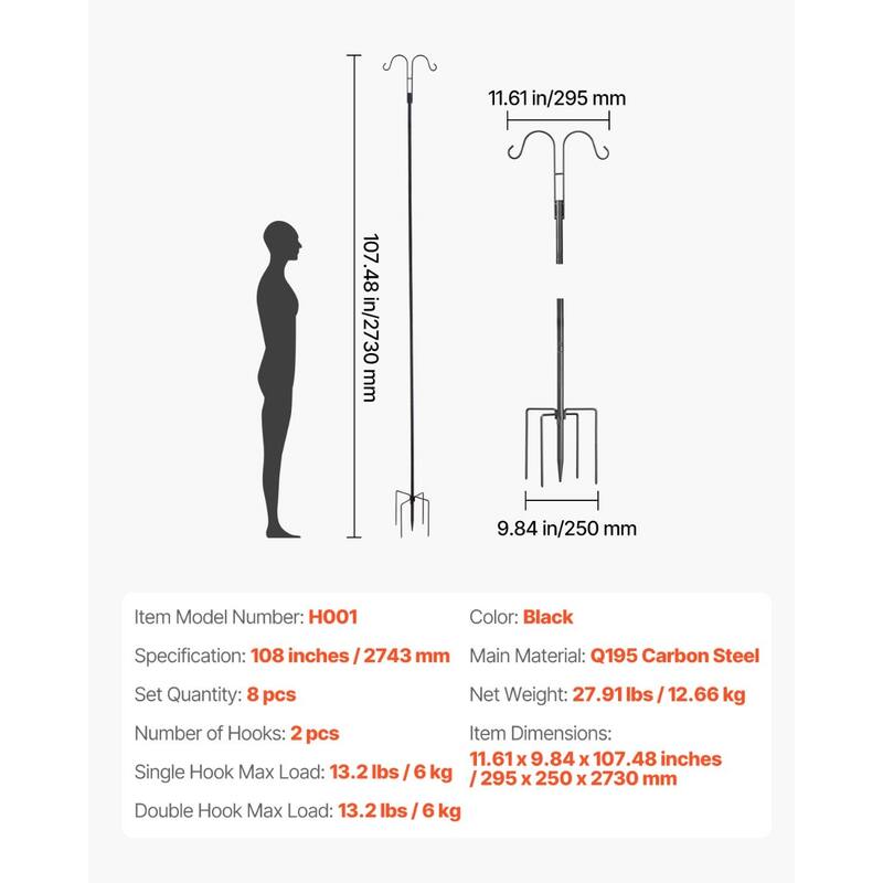 Black Bird Feeder Pole with Hooks 8 Pcs Dual-Arm Shepherd Hooks for Hanging Plants and Lanterns - 11.61” x 9.84” x 107.48”