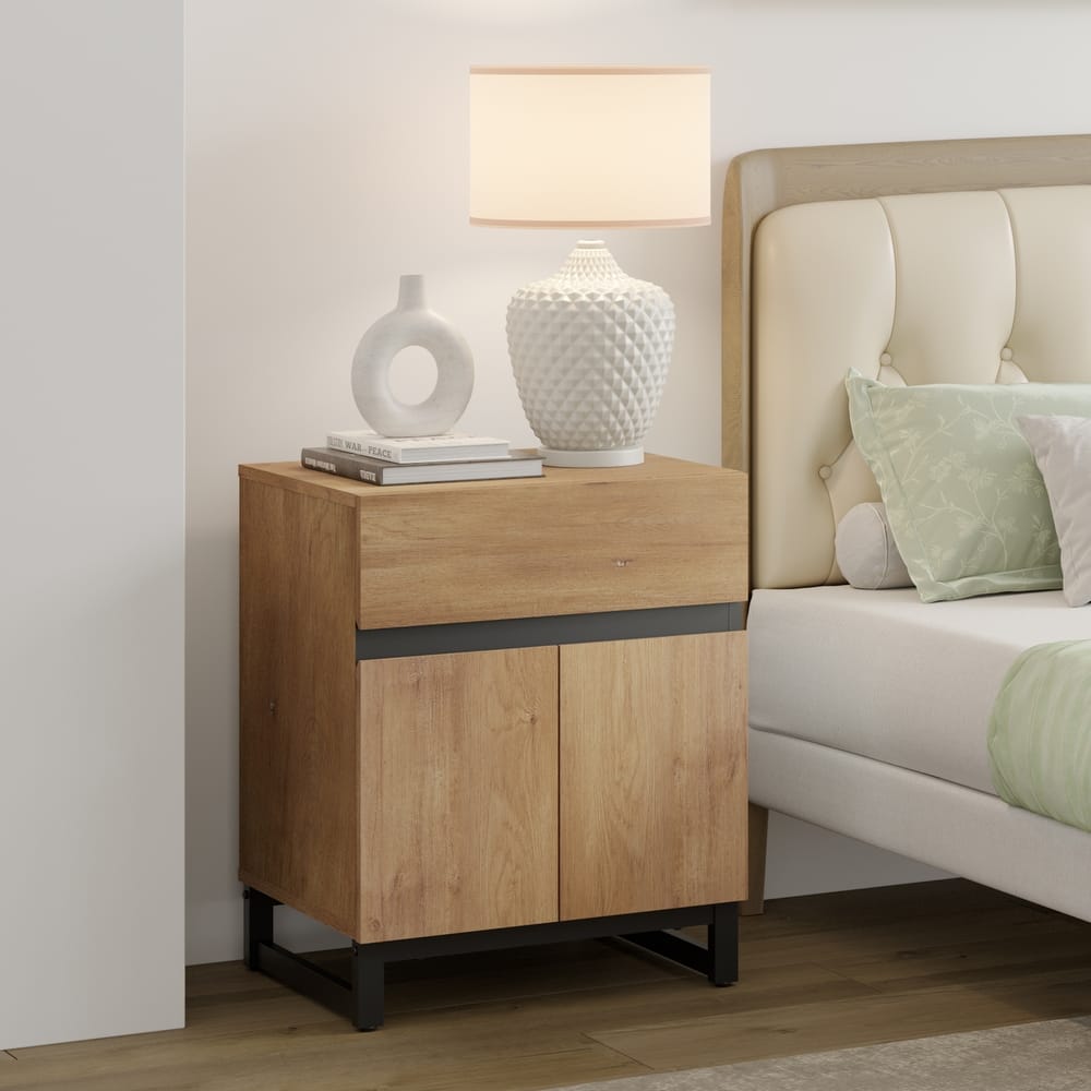 WAMPAT Modern Nightstand with 1 Drawer & 1 Storage Cabinet, Farmhouse Bedside Table with 2 Open Door forBedroom