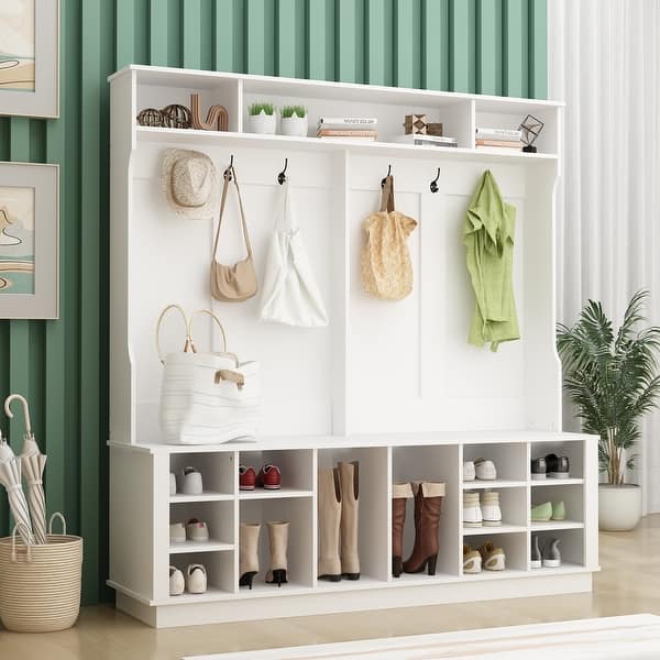 slide 2 of 13, 63"W 18 Shoe Cubbies Shoe Bench Shoe Cabinet Wide Hall Tree With Hooks