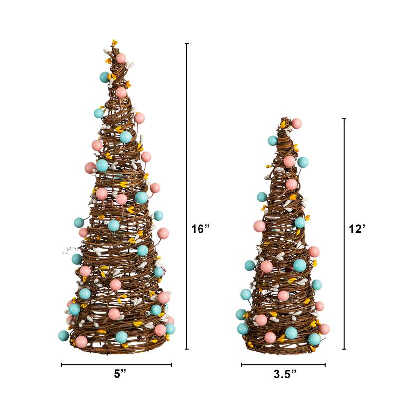 12-in and 16-in Artificial Easter Rattan Cone Trees - Set of 2