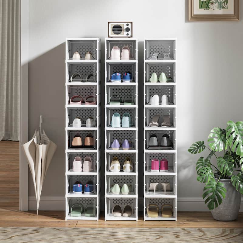 HOMCOM 8 Pack Foldable Shoe Organizer, Plastic No Assembly Stackable Shoe Storage Box with Clear Door, Space Saving