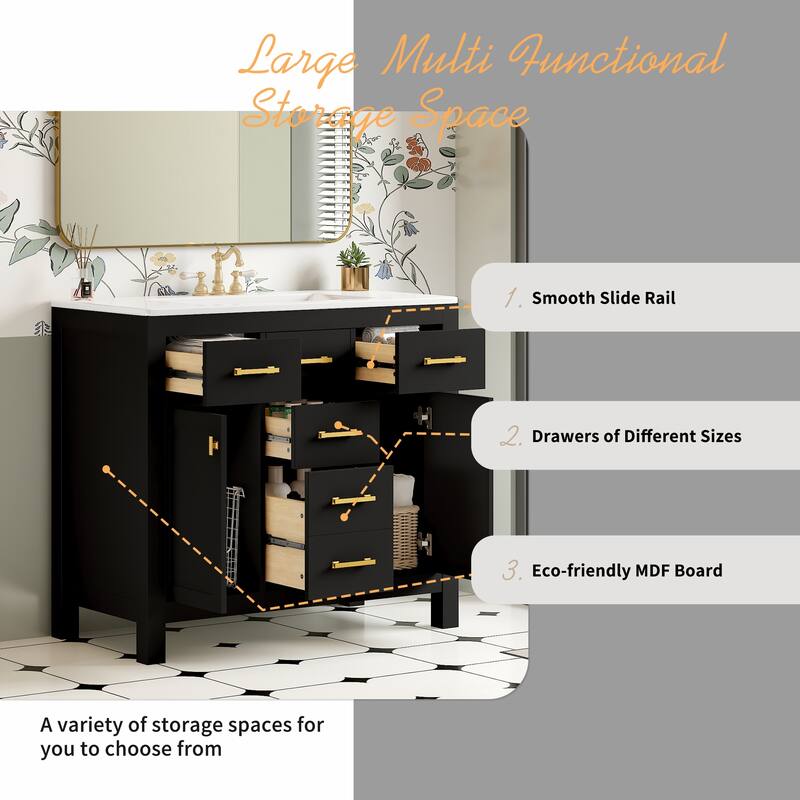 GDFStudio - Norham Modern Bathroom Vanity Set with Ceramic Sink and 4 Storage Drawers & 2 Doors - 36'W