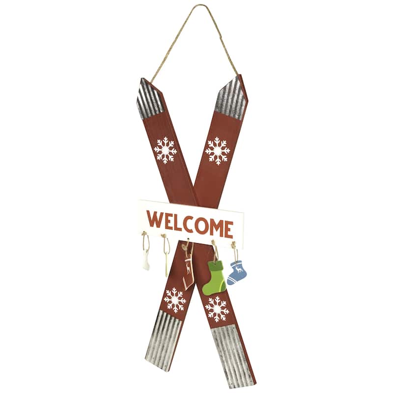 Wooden Welcome Skis with Christmas Stockings Hanging Decoration - 23.5"