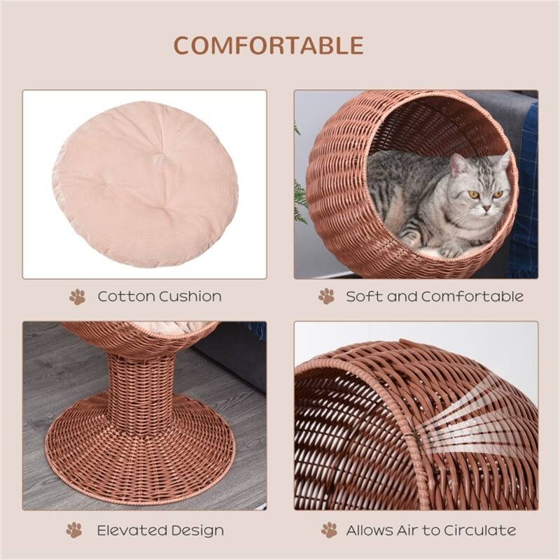 Rotating Cat Hut with Plush Bed Elevated Cozy Hideaway for Cats Up to 10 lbs Brown Portable