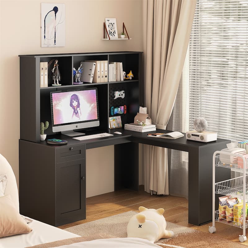L Shaped Desk with outlet - Black