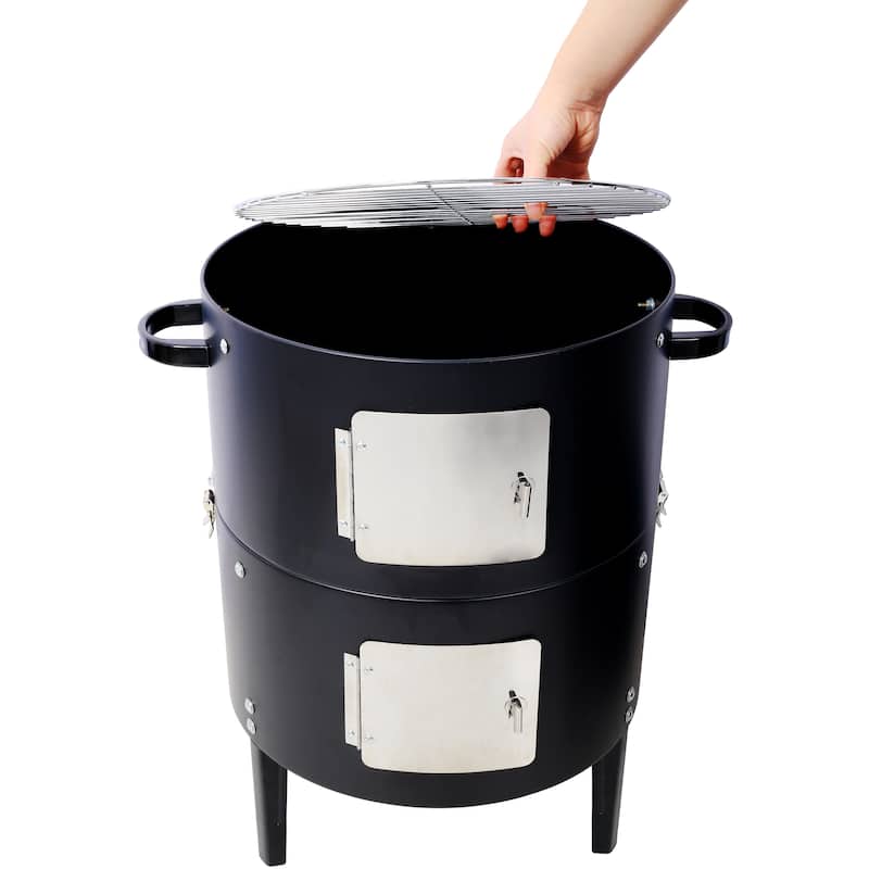 Vertical Charcoal Smoker Grill with Thermometer Dual Doors and 2 Tier 453 Sq In Cooking Area Steel BBQ Smoker - 17" x 33"