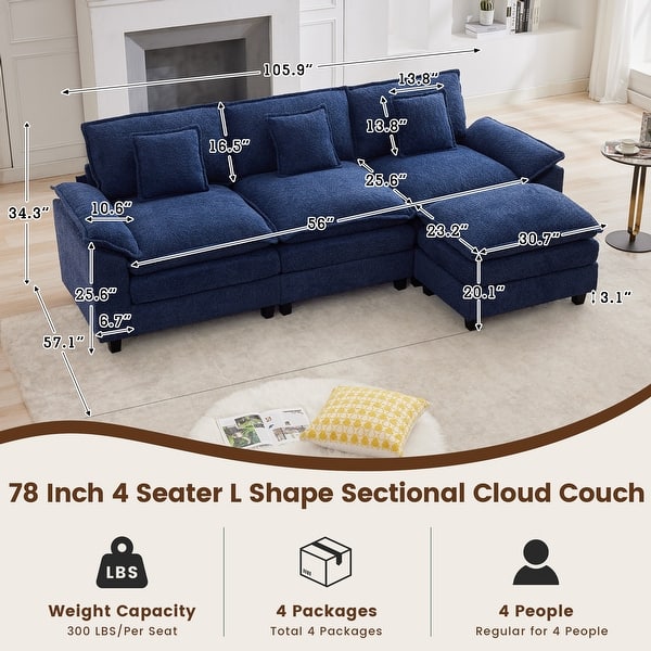 dimension image slide 3 of 17, Modular Cloud Chenille Sectional Sofa with Ottomans, Deep Seat Convertible L-Shaped or U-Shaped Couch