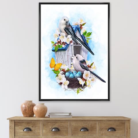 Designart 'Two Tit Birds Sitting Near The Nest With Eggs II' Traditional Framed Canvas Wall Art Print