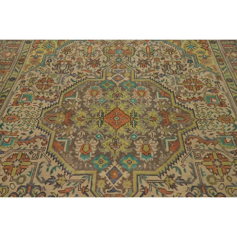 Hand Knotted Oriental 100% Wool Carpet Traditional Floral Beige & Ivories Tabriz Area Rug - 9' 4'' X 6' 4''
