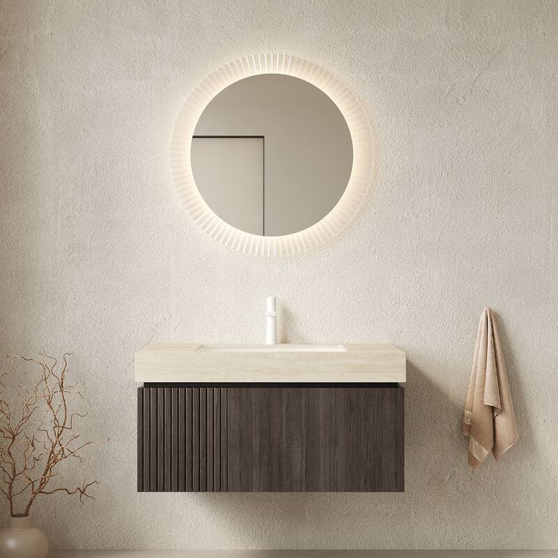 Floating Bathroom Vanity with Sintered Stone Top and Undermount Ceramic Basin - 35.83'' x 18.9'' x 17.72'' - Espresso and Beige