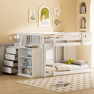 Full over Full Bunk Bed with 4 Drawers and 3 Shelves, White