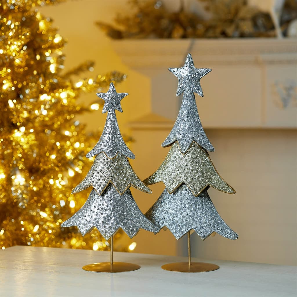 Jeweled Glitter Christmas Tree Decorations - 18.75" - Silver and Gold - Set of 2