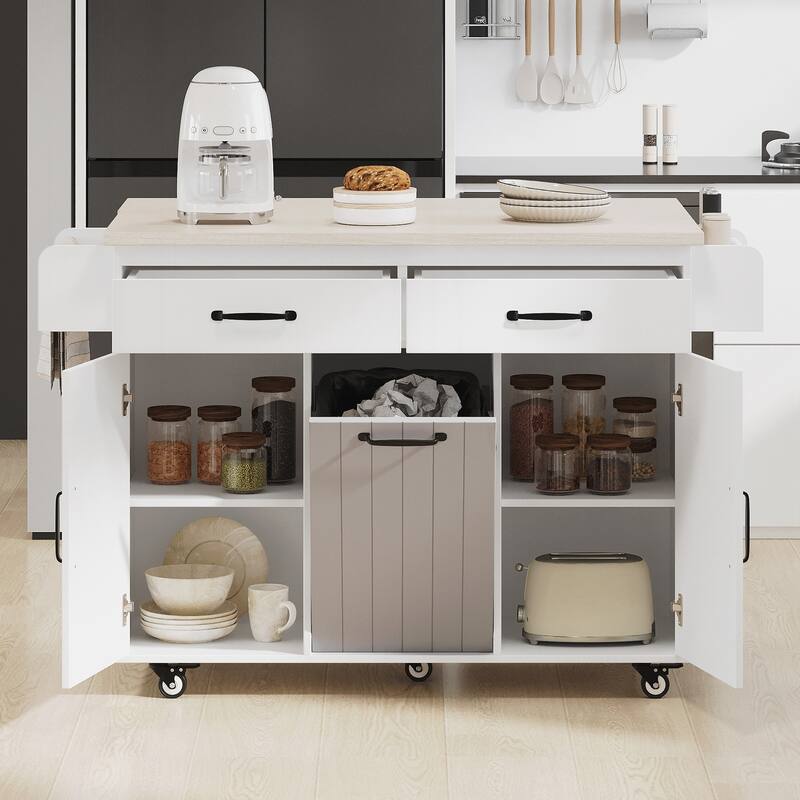 Kitchen Island with Trash Can Storage Cabinet, Kitchen Cart with Drop Leaf, Spice Rack - White