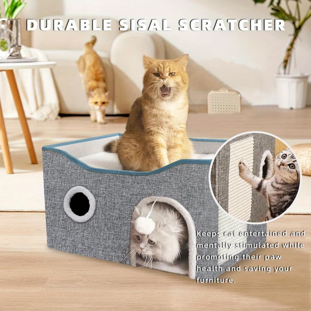 Extra-Wide Cat House Indoor Foldable With Scratch Pad And Toy - 23.5" x 16.35" x 13"