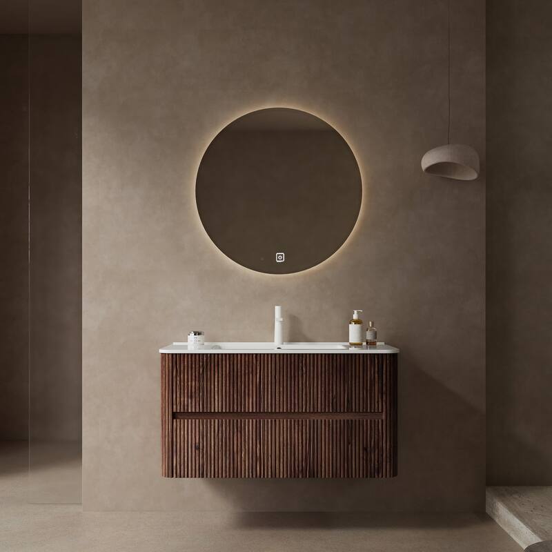 Wall-Mounted Bathroom Vanity Set in White + Deep Walnut with Integrated Ceramic Sink