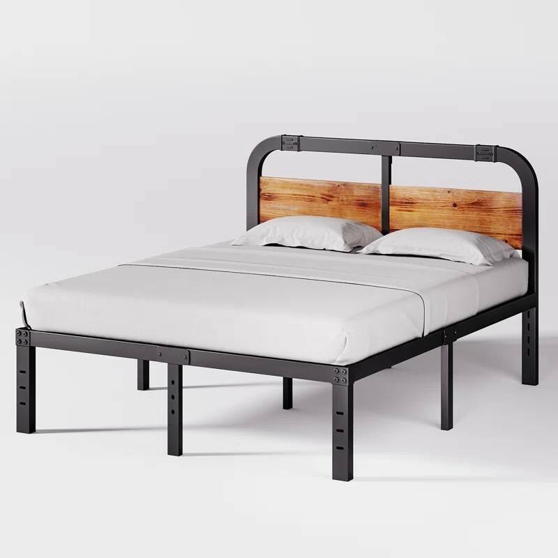 Black Metal Platform Bed Frame with Rustic Wood Headboard and Strong Steel Slats Under Bed Storage