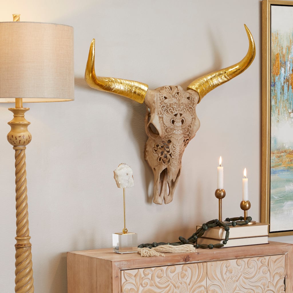 Rustic Polystone Carved Skull Cow Wall Decor - Brown or Bronze