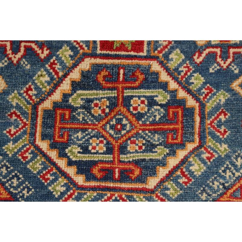 Blue Geometric Kazak Foyer Rug Handmade Bedroom Wool Carpet - 2'7" x 4'1"