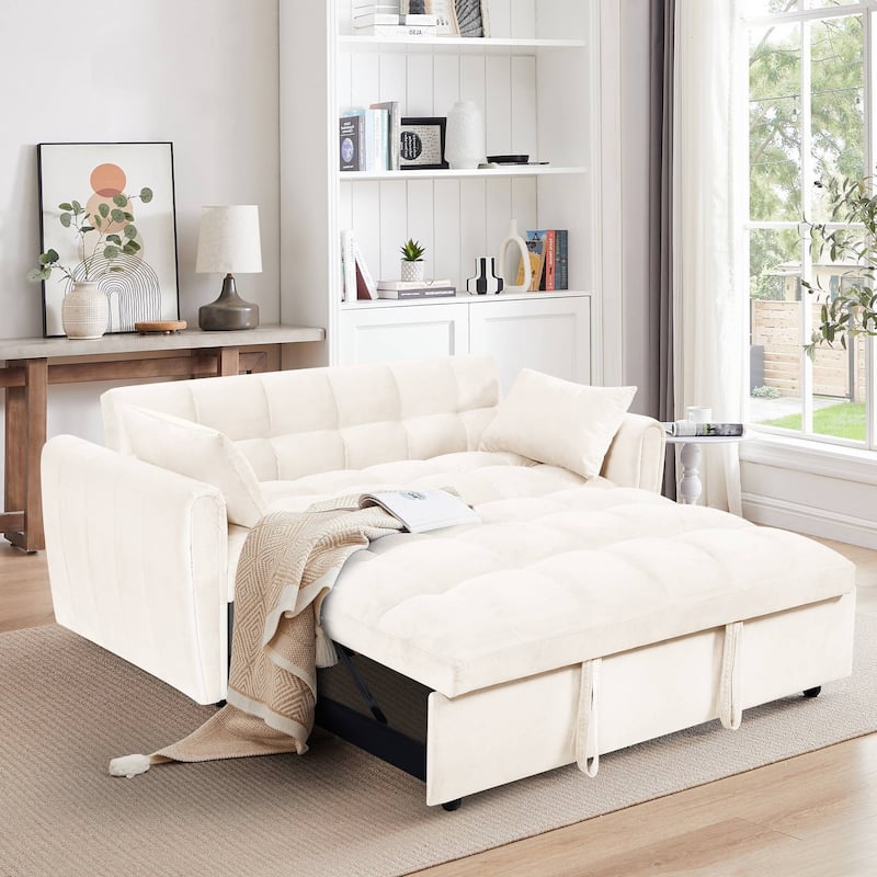 64.9" 3-in-1 Convertible Queen Sofa Bed, Storage Bag and Pillows - Beige