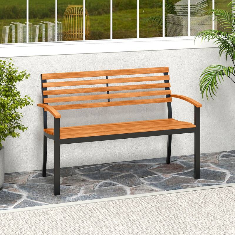 Gymax Outdoor Bench Acacia Wood Patio Loveseat w/ Backrest Armrests