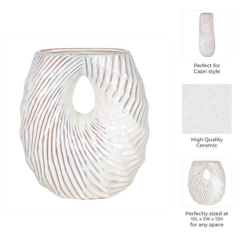 Ceramic Decorative Vase with Coastal Shell and Wavy Textured Design