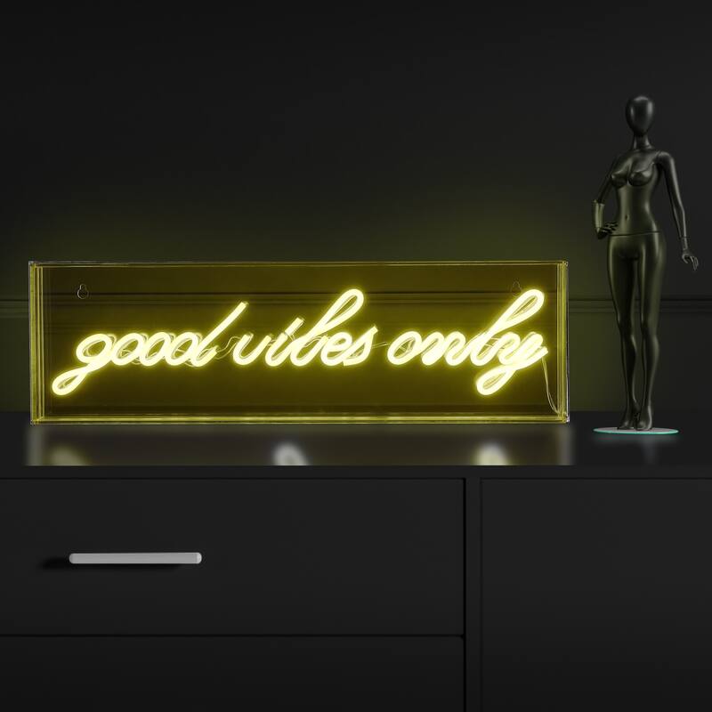 Good Vibes Only 20" X 6" Contemporary Glam Acrylic Box USB Operated LED Neon Light, Yellow by JONATHAN Y - 20" X 6"