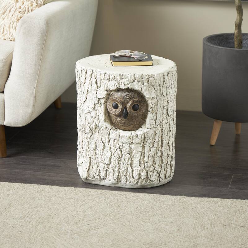 Magnesium Oxide Owl Tree Trunk Garden Stool with Brown Accents - White - Roche River Decor