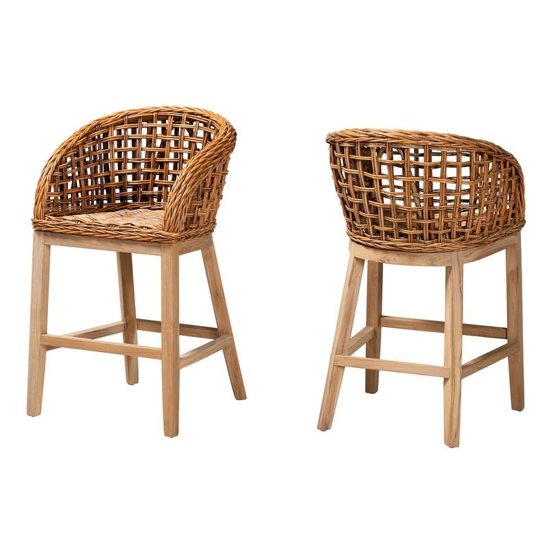 Mario Modern Bohemian Natural Brown Finished Teak Wood and Rattan 2-Piece Chair/ Stool Set - Bar Height - 29-32 in.
