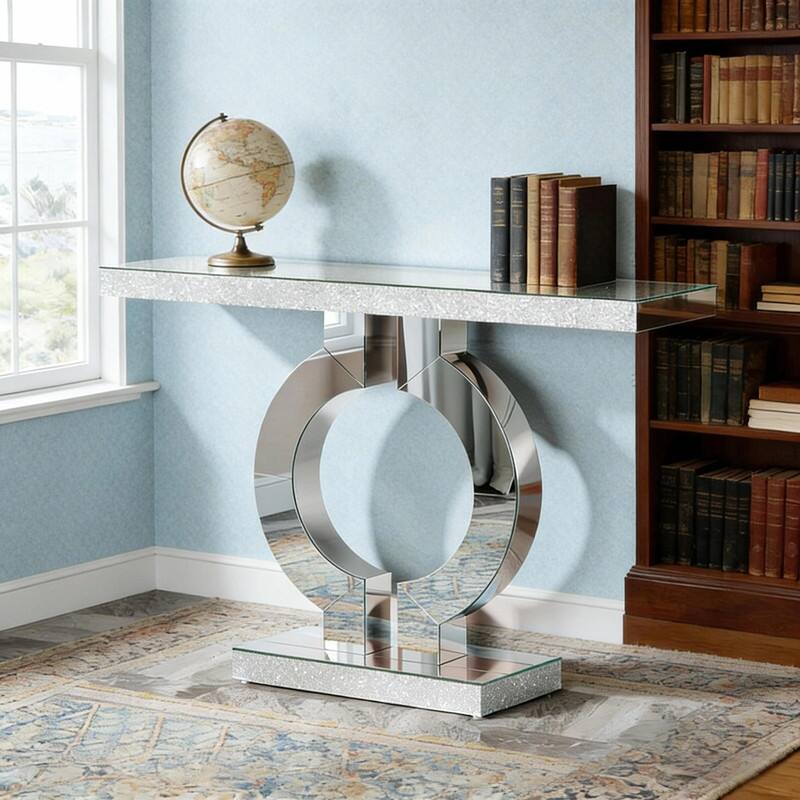 43" Modern Mirrored Console Table with O-Shaped Base for Living Room or Entryway - Silver