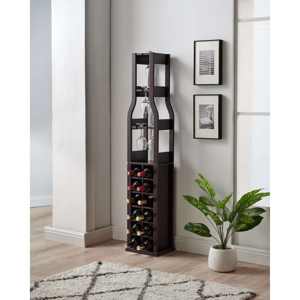 Floor Wine Rack - 12 Bottle Wine Storage Display Shelf with Wine Glass Holder , Cherry