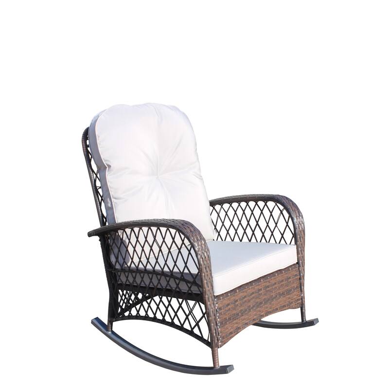 Outdoor Wicker Rocking Chair with Wide Seat, Thick, Soft Cushion, Rattan Rocker w/Steel Frame, High Weight Capacity