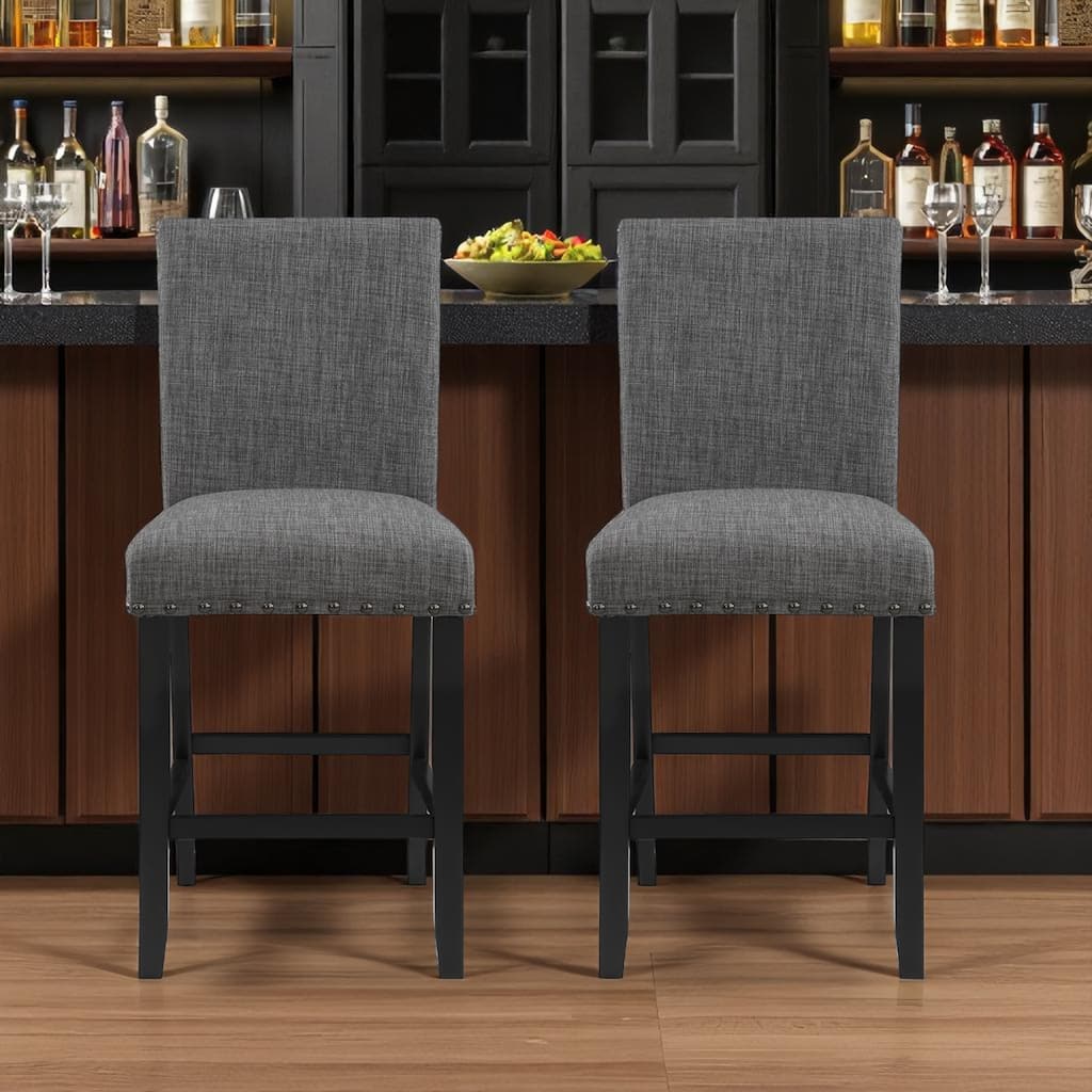 HomeRoots Set of Two 26" Gray and Black Wood and Fabric Counter Height Bar Chairs