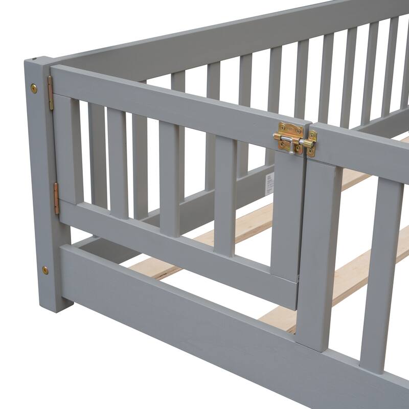 Floor Platform Bed with Fence Guardrails and Door