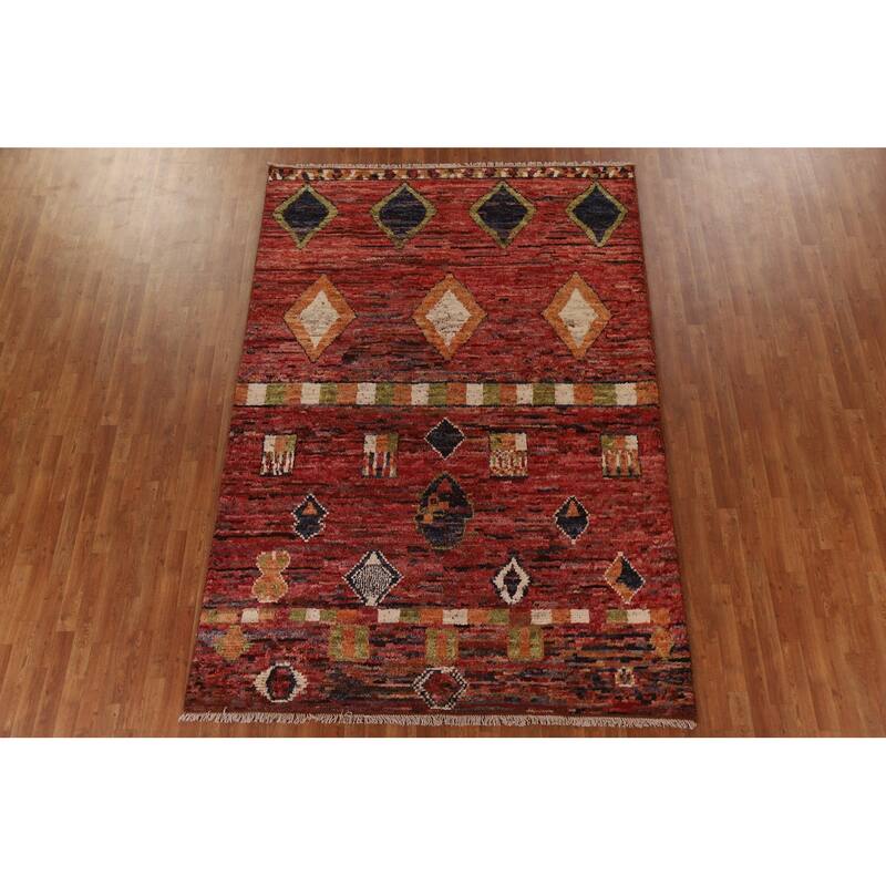 Hand Knotted Oriental 100% Wool Carpet Modern Tribal Red Moroccan Area Rug - 9' 11'' X 6' 9''