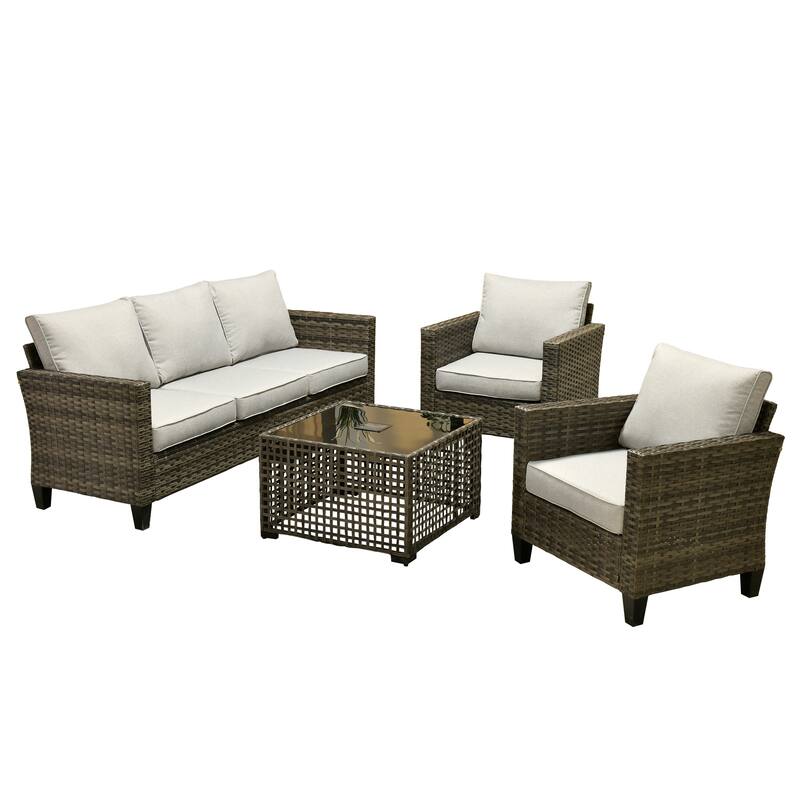 OVIOS 4 Pieces Patio Furniture Wicker Set with Solar-Powered Coffee Table
