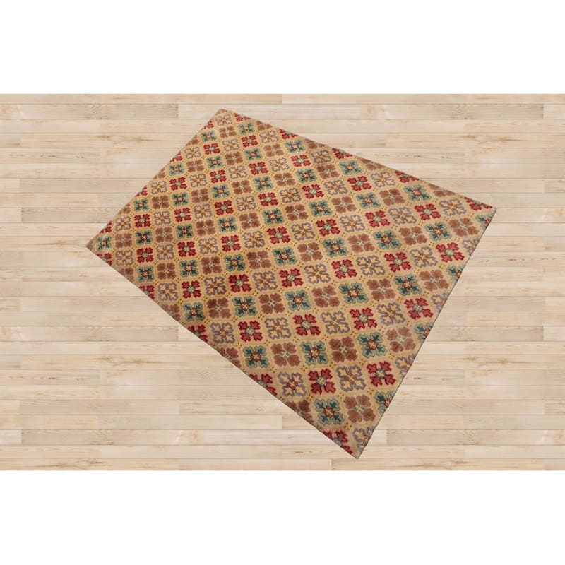 Hand Knotted Tibetan Beige All-Over Wool Transitional Area Rug - 4' 1'' x 5' 8''