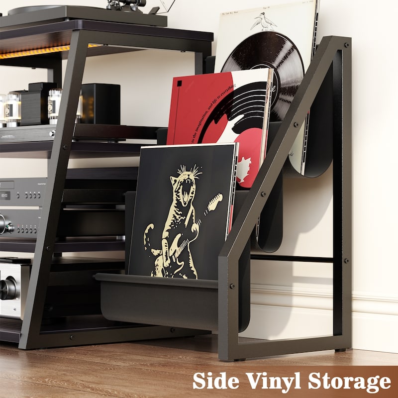 4-Tier Record Player Stand with Vinyl Record Storage ＆ LED Light ＆ Charging Station, Record Player Table, Media Console