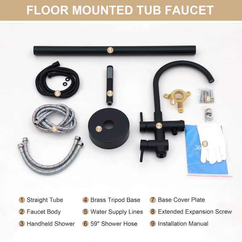 Freestanding Bathtub Faucet Floor Mount Tub Filler Matte Black, Swivel Gooseneck Spout with Cylinder Handheld