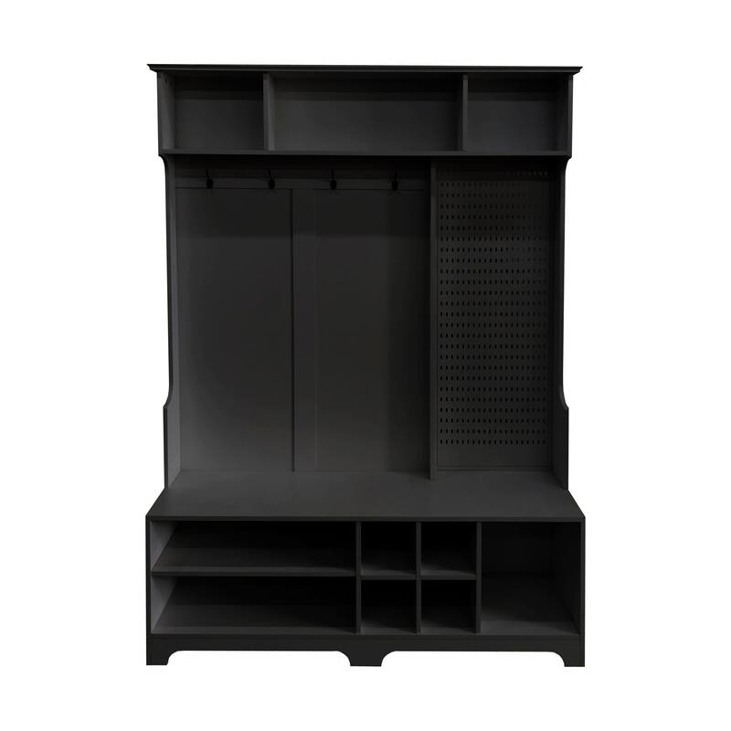 Entryway Bench with 4 Coat Hooks and Storage Pegboard, Modern Hall Tree with Shoe Cabinet for Living Room, Hallways