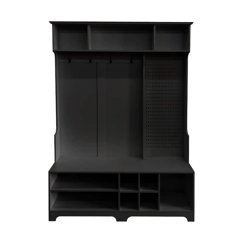 Multipurpose Coat Rack with 4 Hooks, Wood Hall Tree with Shoe Bench, Entryway Bench with Storage Shelves and Shoe Storage