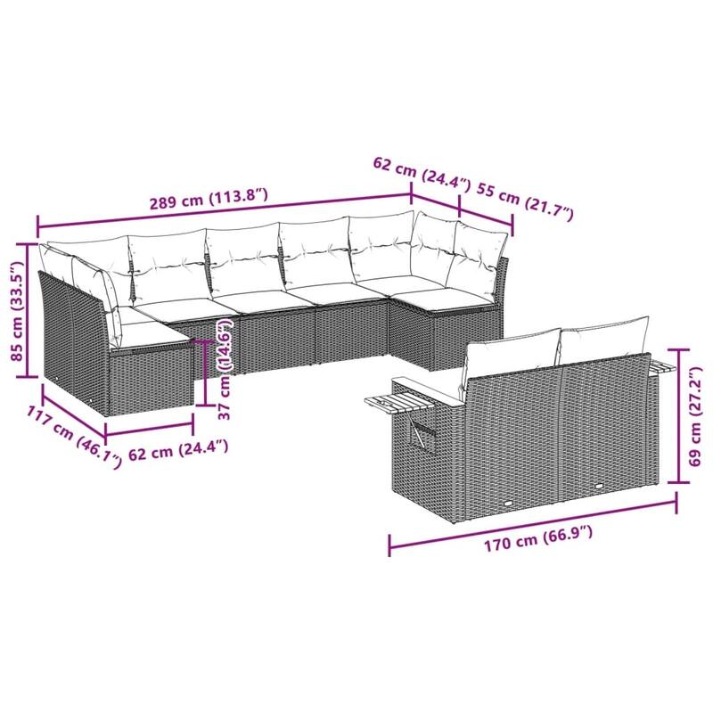 vidaXL Patio Sofa Set with Cushions Outdoor Conversation Furniture Poly Rattan - 24.4 x 33.5 x 27.2 in