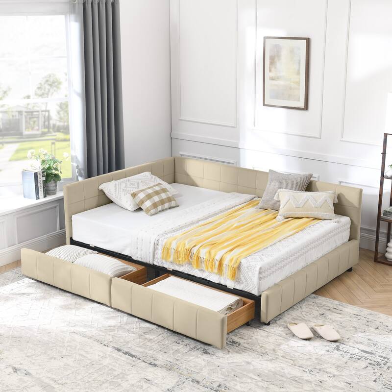 Full Size Daybed Grounded Bed Velvet Upholstered Tufted Bed Frame with L-shaped Backrest & Armrests for Livingroom or Bedroom - Beige - Drawers - Full