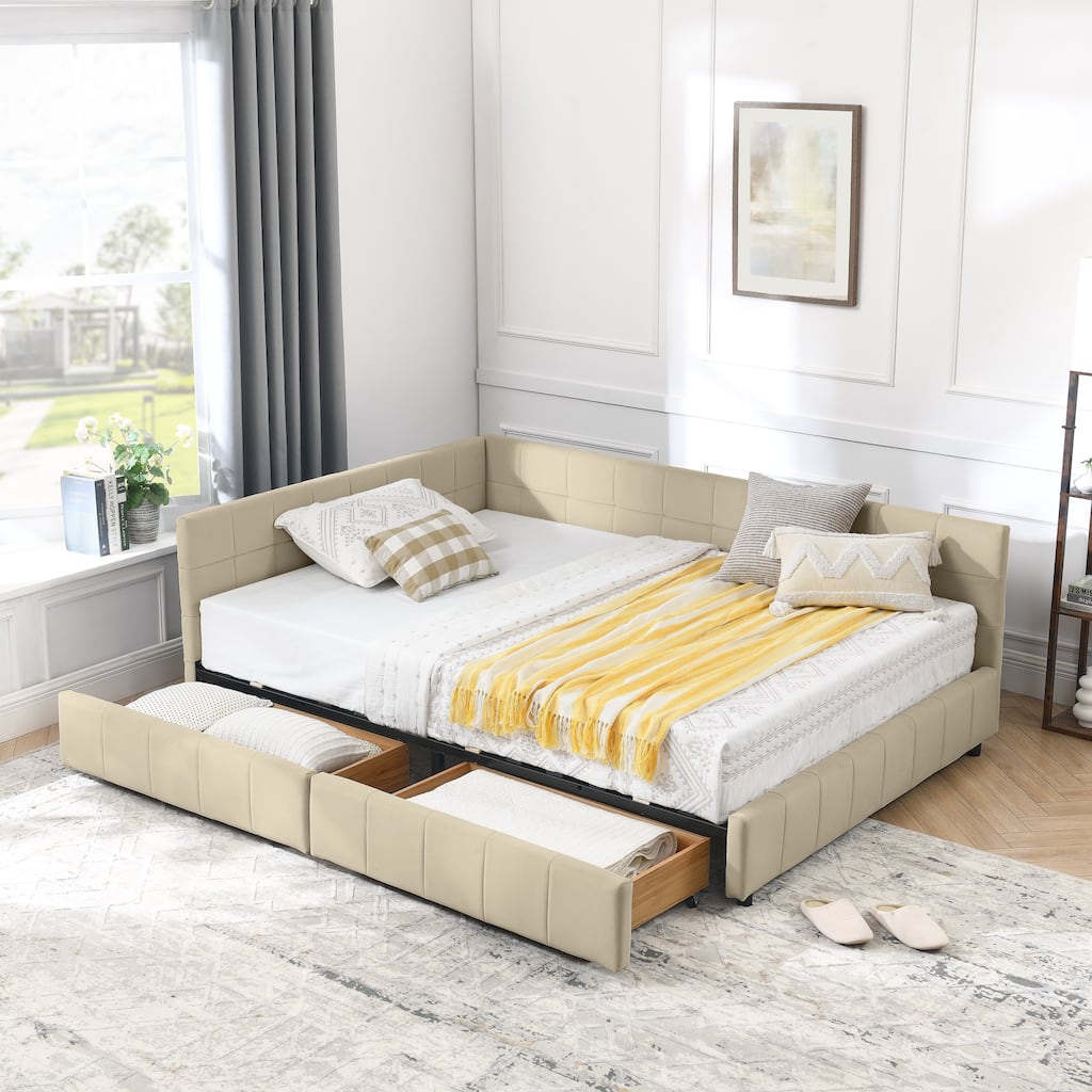 Full Size Velvet Upholstered Tufted Bed Frame with Storage and Comfortable Backrest, Beige