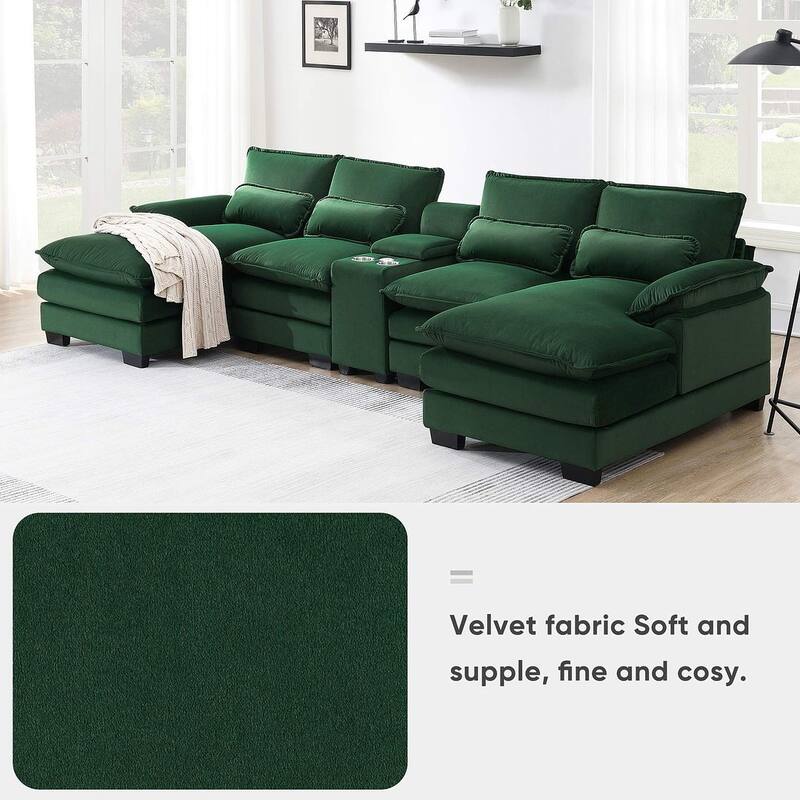 123"W modern u-shaped living room upholstered sofa with console, cup holders and USB ports