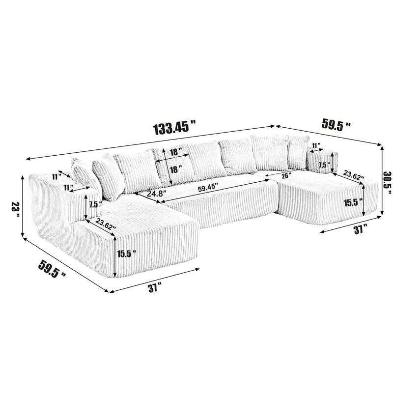 U-Shaped Modular Sectional Sofa, Oversized Waled Corduroy Corner Sofa, Upholstered 4 Seat Couch with Dual Chaise Lounges
