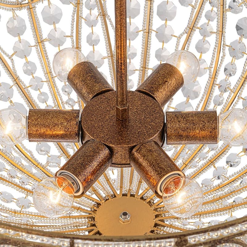 Spanish Antique Gold Bronze Crystal Accented Basket Cage Chandelier