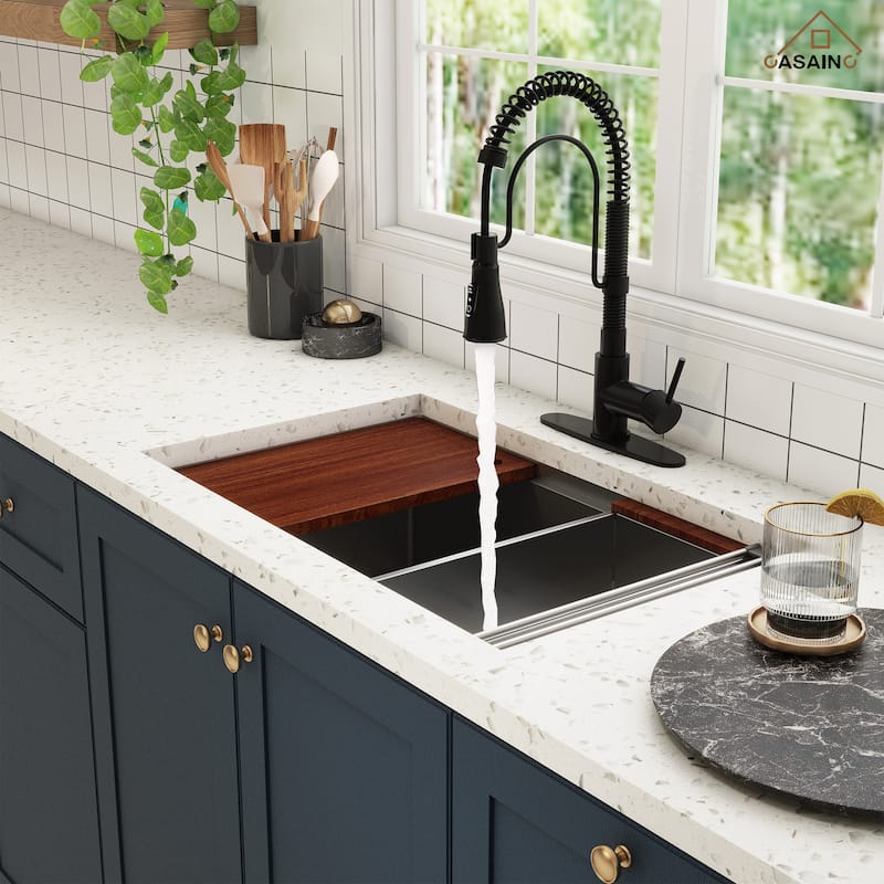 All-in-One Undermount Single Bowl 16 Gauge Nano Brushed Stainless Steel Workstation Kitchen Sink with Accessories and Faucet Set