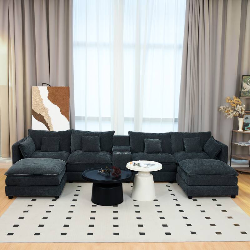 Modular U-shaped Sectional Sofa with Chaise, Chenille Upholstered Couch, Armrest Console with Cup Holders and Hidden Storage - Black