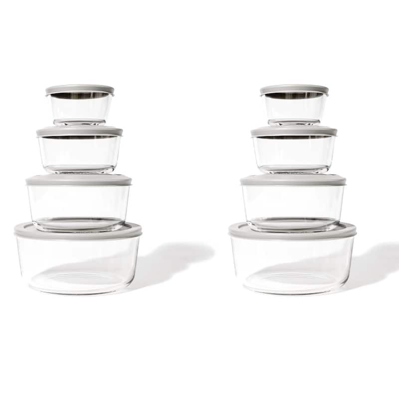 Glass Food Storage Set - Round Nesting, 8-Piece, BPA-Free, Airtight Lids, Microwave & Oven Safe - 16 Piece Set (8 Containers + 8 Lids) - Grey
